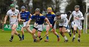 4 April 2015; Cathal Mullane, Longford, supported by Martin Coyle and Johnny Casey,  in action against Conor Robbins, left, Kieran Courtney, and Shane Conlon, Warwickshire. Allianz Hurling League Division 3B Final, Longford v Warwickshire. Sean Eiffe Park, Ratoath, Co Meath. Picture credit: Ray McManus / SPORTSFILE