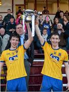 4 April 2015; Roscommon joint captains Cathal Compton and Tadhg O'Rourke celebrate with the J.J. Fahy cup after beating Galway in the Final. EirGrid Connacht U21 Football Championship Final, Galway v Roscommon. Tuam Stadium, Tuam, Co. Galway. Picture credit: Ray Ryan / SPORTSFILE