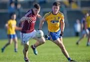 4 April 2015; Damien Comer, Galway, in action against Sean Mullooly, Roscommon. EirGrid Connacht U21 Football Championship Final, Galway v Roscommon. Tuam Stadium, Tuam, Co. Galway. Picture credit: Ray Ryan / SPORTSFILE