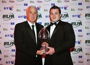 23 April 2008; Cian Healy of Leinster is presented with the IRUPA Green Giant Newcomer of the Year 2008 by Andrew Burke, left, of Green Giant at the IRUPA awards 2008. O'Reilly Hall, University College Dublin, Dublin. Picture credit: Brendan Moran / SPORTSFILE