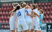 9 April 2015; England's Jenna Dear, hidden, is congratulated by team-mates after scoring a goal for her side. UEFA Women's Under 19 Championship Elite Round, Group 4, Switzerland v England. Seaview, Belfast, Co. Antrim. Picture credit: Mark Marlow / SPORTSFILE