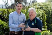 10 April 2015; Limerick manager Eddie Murphy, is presented with his TESCO/Irish Daily Star Ladies Football Manager of the Month for March trophy by Karl O'Kane, GAA correspondent, Irish Daily Star. Ladies Football Player of the Month & Manager of the Month Presentations. Croke Park, Dublin. Picture credit: Matt Browne / SPORTSFILE