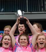 11 April 2015; Portaloise captain Abigail Mullen lifts the cup after the game. U18 Plate Final, New Ross v Portlaoise. Youths U15/ U18 Girl's League Final Day. Donnybrook Stadium, Donnybrook, Dublin. Picture credit: Piaras Ó Mídheach / SPORTSFILE