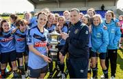 11 April 2015; UCD captain Ciara Grant is presented with the cup by Mark Scanlon from the FAI. WSCAI Intervarsities Cup Final, UCD v UCC, Waterford IT, Waterford. Picture credit: Matt Browne / SPORTSFILE