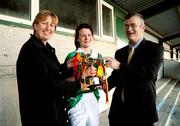 1 May 2008; Ruth Mulligan, Moyne Community School captain is presented with the cup by Geraldine Giles, Uachtarin, Ladies GAA, and Eugene Baker from Pat the Baker. Pat the Baker Post Primary School Senior C Final Replay, Moyne Community School, Longford v John the Baptist, Limerick, St Rynagh's, Banagher, Co. Offaly. Picture credit: Matt Browne / SPORTSFILE