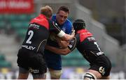 12 April 2015; Jack Conan, Leinster, is tackled by Thomas Rhys Thomas, left, and Nic Cudd, Newport Gwent Dragons. Guinness PRO12, Round 19, Newport Gwent Dragons v Leinster. Rodney Parade, Newport, Wales. Picture credit: Stephen McCarthy / SPORTSFILE