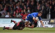 12 April 2015; Zane Kirchner, Leinster, is tackled by Nick Crosswell, left, and Nic Cudd, right, Newport Gwent Dragons. Guinness PRO12, Round 19, Newport Gwent Dragons v Leinster. Rodney Parade, Newport, Wales. Picture credit: Stephen McCarthy / SPORTSFILE