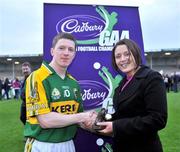 3 May 2008; Audrey Buckley, Marketing manager, Cadbury Ireland, presents Kieran O'Leary of Kerry with the Cadbury Hero of the Match Award after the Cadbury GAA U21 Football Final in Thurles between Kildare and Kerry. Kieran is now shortlisted to win the Cadbury Hero of The Future Award on May 29th. To vote for him, log on to www.cadburygaau21.com. Semple Stadium, Thurles, Co. Tipperary. Picture credit: Brendan Moran / SPORTSFILE