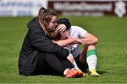 14 April 2015; A dejected Saoirse Noonan, right, Republic of Ireland, is consoled by U19 Republic of Ireland International Clare Shine after the game. UEFA Women’s Under 17 European Championship, Elite Phase, Group 2, Republic of Ireland v Hungary, Turners Cross, Cork. Picture credit: David Maher / SPORTSFILE