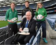 15 April 2015; Minister of State for Tourism and Sport, Michael Ring T.D, today announced an investment package of €7.4 million from the Irish Sports Council to support grass roots development in rugby, football and Gaelic games. Pictured are Minister of State for Tourism and Sport, Michael Ring T.D with. from left, Marie Louise Reilly, from the Ireland ladies rugby team, Charlie Harrison, Sligo footballer, and Republic of Ireland International Julie Ann Russell. Croke Park, Dublin. Picture credit: Matt Browne / SPORTSFILE