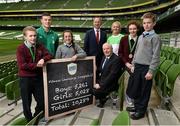 15 April 2015; Minister of State for Tourism and Sport, Michael Ring TD, along with Connacht and Ireland rugby player, Robbie Henshaw today announced the winners of Aviva Health’s Schools’ Fitness Challenge 2015. Ireland’s Fittest School, Boherbue Comprehensive School in Mallow, Co. Cork and Ireland’s Most Improved School, Scariff Community School in Co. Clare attended a special awards ceremony at Aviva Stadium. Pictured are Minister of State for Tourism and Sport, Michael Ring T.D, fourth from right, Connacht and Ireland rugby player Robbie Henshaw, second left, athlete Sarah Lavin, third from left, and James Parker, fifth left, CEO of Aviva Health Insurance, with pupils from left, Ciaran Quinn, Scariff Community School, Co. Clare, Megan Courtney, Boherbue Comprehensive School, Mallow, Co. Cork, Ella McNamara, Scariff Community School, Co. Clare, and Declan Buckley,  Boherbue Comprehensive School, Mallow, Co. Cork. Aviva Stadium, Lansdowne Road, Dublin. Picture credit: David Maher / SPORTSFILE