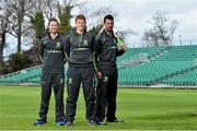 15 April 2015; Ireland's Alex Cusack, left, Kevin O'Brien, centre, and Max Sorensen ahead of the Royal one-day London International between Ireland and England at Malahide Cricket Club on Friday 8th May. Malahide Cricket Club, Malahide, Co. Dublin. Picture credit: Ramsey Cardy / SPORTSFILE