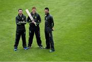 15 April 2015; Ireland's Alex Cusack, Kevin O'Brien and Max Sorensen ahead of the Royal one-day London International between Ireland and England at Malahide Cricket Club on Friday 8th May. Malahide Cricket Club, Malahide, Co. Dublin. Picture credit: Ramsey Cardy / SPORTSFILE