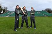 15 April 2015; Ireland's Max Sorensen, left, Kevin O'Brien, centre, and Alex Cusack ahead of the Royal one-day London International between Ireland and England at Malahide Cricket Club on Friday 8th May. Malahide Cricket Club, Malahide, Co. Dublin. Picture credit: Ramsey Cardy / SPORTSFILE