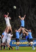 16 April 2015; Emmet MacMahon, UCD, contests a lineout with Jack Burke, Trinity. Annual Rugby Colours, UCD v Trinity. UCD Bowl, Belfield, Dublin. Picture credit: Pat Murphy / SPORTSFILE