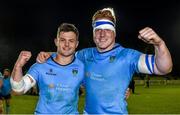 16 April 2015; UCD's Sam Coghlan Murray, left, and James Tracy celebrate after the game. Annual Rugby Colours, UCD v Trinity. UCD Bowl, Belfield, Dublin. Picture credit: Pat Murphy / SPORTSFILE
