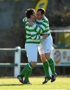 18 April 2015; John Lester, Sheriff YC, left, is congratulated by team-mate John Rock, after scoring his side's first goal from a penalty.  FAI Aviva Junior Cup Semi-Final, Clonmel Celtic v Sheriff YC. Cooke Park, Tipperary Town, Co. Tipperary. Picture credit: Diarmuid Greene / SPORTSFILE