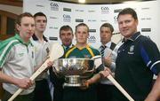 7 May 2008; Players, from left to right, Ryan Bogue, Fermanagh, Kevin Hinphey, Derry, Tom Daly, Ulster GAA President, Sean Delargy, Antrim, Paul McCormack, Armagh, and David Connelly, Monaghan, at the launch of the Ulster Senior Hurling Championship 2008. Balmoral Hotel, Belfast. Picture credit: Oliver McVeigh / SPORTSFILE