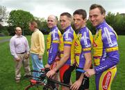 9 May 2008; Ireland's Navan Avonmore Cycling Team, who will compete in the toughest cycle race in the World - The Race Across America (RAAM), in support of the Bubble Gum Club, was announced today. The race begins on June 11th in Oceanside California and will end in the state capital of Minneapolis, Annapolis a distance of 3018 miles. What makes this challenge unique is that these guys have never raced before taking up the test and are aiming to not just finish the race but to break the Irish record. At the launch are team members, from left, Steve McManmon, Adrian McNally, Colm Laverty, and Alan Duffy, with Irish cycling legend Sean Kelly, and Sports Psychologist and personal trainer Alan Heary. Brookdale Partners, 3 Mount Street Dublin. Picture credit: Brian Lawless / SPORTSFILE  *** Local Caption ***