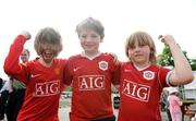 11 May 2008; Manchester United and horse racing fans, from left, Ben Davidson, age 9, Peter, age 9, and Gerard Brady, age 7, from Dundrum, at the races. Derrinstown Stud Derby Trial Stakes Day, Leopardstown, Co. Dublin. Picture credit: Stephen McCarthy / SPORTSFILE