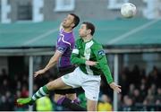 20 April 2015; Keith Fahy, Shamrock Rovers, in action against Alan McNally, Bray Wanderers. SSE Airtricity League Premier Division, Bray Wanderers v Shamrock Rovers. Carlisle Grounds, Bray, Co. Wicklow. Picture credit: Piaras Ó Mídheach / SPORTSFILE
