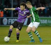 20 April 2015; Brandon Miele, Shamrock Rovers, in action against Luke Gallagher, Bray Wanderers. SSE Airtricity League Premier Division, Bray Wanderers v Shamrock Rovers. Carlisle Grounds, Bray, Co. Wicklow. Picture credit: Piaras Ó Mídheach / SPORTSFILE