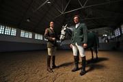 14 May 2008; Irish International riders Captain Shane Carey, left, and Edward Doyle, with Major Chance, pictured at the launch of Setanta's coverage of the 2008 Samsung Super League. The Samsung Super League is the international team show jumping event, in which eight elite nations, including Ireland, compete in eight events at world-class venues. Setanta’s coverage of the Samsung Super League will involve eight one hour highlights programmes from each of the events. The programmes will be broadcast at 8.00pm on the Saturday evening of the weekend following the event on the Setanta Ireland channel. The Army Equitation School, McKee Barracks, Blackhorse Avenue, Dublin. Picture credit: David Maher / SPORTSFILE