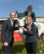 22 April 2015; Edward Butler, on CSF Whiterock Cruise, Simon Coveney TD, Minister for Agriculture, Food, the Marine and Defence, and Sophie D'Alton, Horse Sport Ireland, at the launch of 'Jumping In The City' which will take place in greyhound stadia in Limerick, Cork and Dublin on Friday nights during the month of June. Shelbourne Park, Dublin. Picture credit: Ray McManus / SPORTSFILE