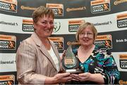 22 April 2015; Niamh O'Donoghue, left, Chairperson of the WFAI, presents Pauline O'Shaughnessy, Secretary of the WFAI,  with a Services to Women's Football Award, at the Continental Tyres Womenâ€™s National League Annual Awards 2015. Clyde Court Hotel, Ballsbridge, Dublin. Picture credit: David Maher / SPORTSFILE