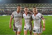 24 April 2015; Ulster's Chris Henry, left, Craig Gilroy, centre, and Paddy Jackson following their side's victory. Guinness PRO12, Round 20, Ulster v Leinster. Kingspan Stadium, Ravenhill Park, Belfast. Picture credit: Ramsey Cardy / SPORTSFILE