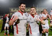 24 April 2015; Iain Henderson and Paddy Jackson, Ulster celebrate after the final whistle. Guinness PRO12, Round 20, Ulster v Leinster. Kingspan Stadium, Ravenhill Park, Belfast. Picture credit: Oliver McVeigh / SPORTSFILE