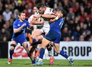24 April 2015; Stuart McCloskey, Ulster, is tackled by Luke Fitzgerald, left, and Jimmy Gopperth, Leinster. Guinness PRO12, Round 20, Ulster v Leinster. Kingspan Stadium, Ravenhill Park, Belfast. Picture credit: Ramsey Cardy / SPORTSFILE