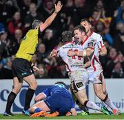 24 April 2015; Ulster's Craig Gilroy, left, celebrates scoring his side's second try with Paddy Jackson, centre, and Tommy Bowe. Guinness PRO12, Round 20, Ulster v Leinster. Kingspan Stadium, Ravenhill Park, Belfast. Picture credit: Ramsey Cardy / SPORTSFILE