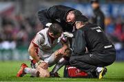 24 April 2015; Ulster's Darren Cave is treated for an injury. Guinness PRO12, Round 20, Ulster v Leinster. Kingspan Stadium, Ravenhill Park, Belfast. Picture credit: Ramsey Cardy / SPORTSFILE