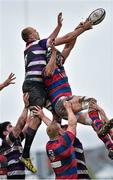 25 April 2015; Kyle McCoy, Terenure, contests a lineout with Ben Reilly, Clontarf. Ulster Bank League, Division 1A, Semi-Final, Terenure v Clontarf. Lakelands Park, Terenure, Dublin. Picture credit: Cody Glenn / SPORTSFILE