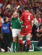 24 May 2008; Toulouse captain Fabien Pelous receives a yellow card from referee Nigel Owens. Heineken Cup Final, Munster v Toulouse, Millennium Stadium, Cardiff, Wales. Picture credit: Oliver McVeigh / SPORTSFILE