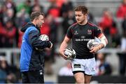 24 April 2015; Ulster's Paddy Jackson in conversation with Leinster skills and kicking coach Richie Murphy. Guinness PRO12, Round 20, Ulster v Leinster. Kingspan Stadium, Ravenhill Park, Belfast. Picture credit: Ramsey Cardy / SPORTSFILE