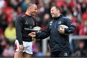 24 April 2015; Leinster skills and kicking coach Richie Murphy, right, speaks with Ulster's Ian Humphreys ahead of the game. Guinness PRO12, Round 20, Ulster v Leinster. Kingspan Stadium, Ravenhill Park, Belfast. Picture credit: Ramsey Cardy / SPORTSFILE