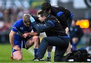 24 April 2015; Leinster's Luke Fitzgerald is treated for an injury by Leinster team doctor Ciaran Cosgrave, left, and Senior Physiotherapist Karl Denvir. Guinness PRO12, Round 20, Ulster v Leinster. Kingspan Stadium, Ravenhill Park, Belfast. Picture credit: Ramsey Cardy / SPORTSFILE