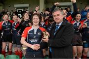 25 April 2015; Ellen Taite, Mullingar, is presented with her player of the match trophy by Frank Doherty from Leinster Rugby. Bank  of Ireland Paul Flood Cup Final, Mullingar v Tullow. Greystones RFC, Dr. Hickey Park, Greystones, Co. Wicklow.  Picture credit: Matt Browne / SPORTSFILE