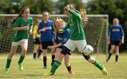 30 April 2015; Katie O'Sullivan, centre, St Oliver Plunkett's NS, Malahide, Co. Dublin, in action against Claire Stuart, left, and Katie Kelly, St Colmcille's NS, Gainstown, Co.Westmeath, during their Girls Section B match. SPAR FAI Primary School 5s Leinster Final, MDL Grounds, Trim Road, Navan, Co. Meath. Picture credit: Brendan Moran / SPORTSFILE