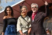 1 May 2015; Best dressed lady winner Blaithin Dunleavy from Kill, Co. Kildare, with Georgia Salpa and Louis Walsh at Punchestown Racecourse, Punchestown, Co. Kildare. Picture credit: Matt Browne / SPORTSFILE