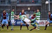 1 May 2015; David O'Connor, Shamrock Rovers, watches his header go narrowly wide, as he is challenged by Carl Walshe, Drogheda United. SSE Airtricity League Premier Division, Shamrock Rovers v Drogheda United, Tallaght Stadium, Tallaght, Co. Dublin. Picture credit: David Maher / SPORTSFILE