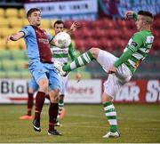 1 May 2015; Mikey Drennan, Shamrock Rovers, in action against Stephen Maher, Drogheda United. SSE Airtricity League Premier Division, Shamrock Rovers v Drogheda United, Tallaght Stadium, Tallaght, Co. Dublin. Picture credit: David Maher / SPORTSFILE