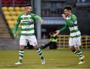 1 May 2015; Mikey Drennan, left, Shamrock Rovers, celebrates after scoring his side's first goal with team-mate Brandon Miele. SSE Airtricity League Premier Division, Shamrock Rovers v Drogheda United, Tallaght Stadium, Tallaght, Co. Dublin. Picture credit: David Maher / SPORTSFILE