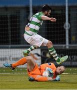 1 May 2015; Michael Schlingermann, Drogheda United, in action against Ryan Brennan, Shamrock Rovers. SSE Airtricity League Premier Division, Shamrock Rovers v Drogheda United, Tallaght Stadium, Tallaght, Co. Dublin. Picture credit: David Maher / SPORTSFILE