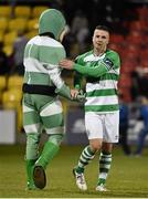 1 May 2015; Mikey Drennan, Shamrock Rovers, is congratulated at the end of the game by mascot Hooperman. SSE Airtricity League Premier Division, Shamrock Rovers v Drogheda United, Tallaght Stadium, Tallaght, Co. Dublin. Picture credit: David Maher / SPORTSFILE