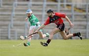 01 June 2008; Sean Quinn, London, in action against Kieran Courtney, Down. GAA Hurling Ulster Senior Championship Semi-Final, Down v London, Casement Park, Belfast, Co. Antrim. Photo by Sportsfile *** Local Caption *** S0805170 Down v London - GAA Hurling Ulster Senior Championship Semi-Final