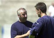 10 July 2000; Shelbourne manager Dermot Keely in conversation with goalkeeper Steve Williams during Shelbourne Squad training at  air Stadium in Skopje, Macedonia. Photo by David Maher/Sportsfile
