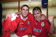 12 July 2000; Shelbourne goalscorer, Richie Baker, right, celebrates with team-mate Owen Heary in the dressing room following the UEFA Champions League 1st Qualfiying Round 1st Leg match between Sloga Jugomagnat and Shelbourne at  air Stadium in Skopje, Macedonia. Photo by David Maher/Sportsfile